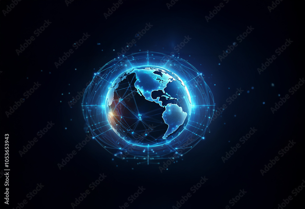Obraz premium A glowing, blue, digital sphere encasing a dark globe, depicting interconnectedness and globalization.