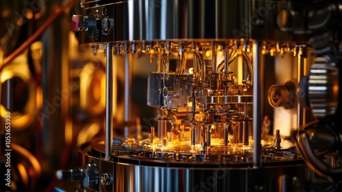 The inner workings of a quantum computer processor illuminated by bright LEDs