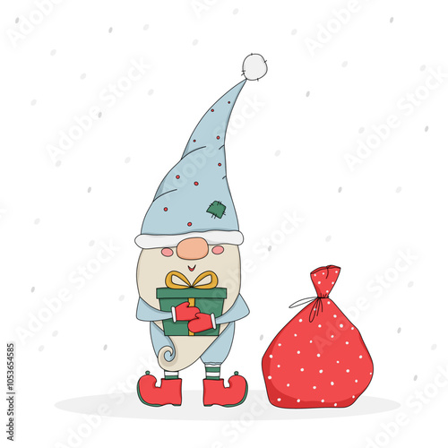 Christmas Illustration. A cute Gnome with a box of presents. Nearby is a sack of presents. Illustration in sketch or doodle style. Vector 