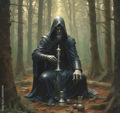 Illustration of hoddy person playing chess in woods.