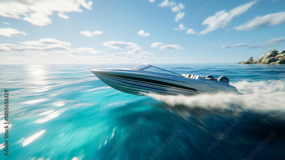 Obraz premium Speedboat gliding sharp motion ocean waves sunlight glinting hull surface. AI generated