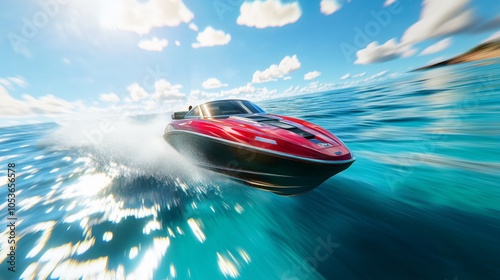 Speedboat on clear ocean, water blurs into waves, dynamic, energy. AI generated