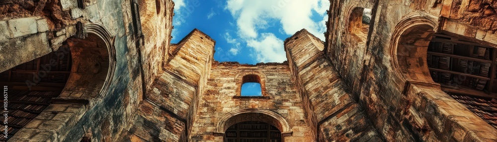 A dramatic view of ancient ruins, showcasing weathered stone walls against a bright sky. A dramatic view of ancient ruins, showcasing weathered stone walls against a bright sky.