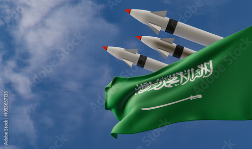 Ballistic missile being launched, Saudi Arabia flag in foreground. Saudi Arabia weapons of mass destruction concept. Missile weapon launch with Saudi Arabia flag