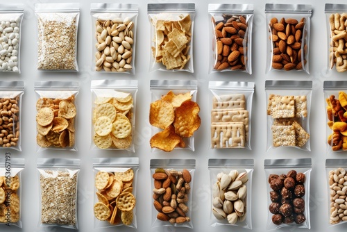 several snack packaging mockups top view, different types of snacks - chips, nuts and granola bars