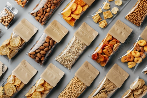 several snack packaging mockups top view, different types of snacks - chips, nuts and granola bars
