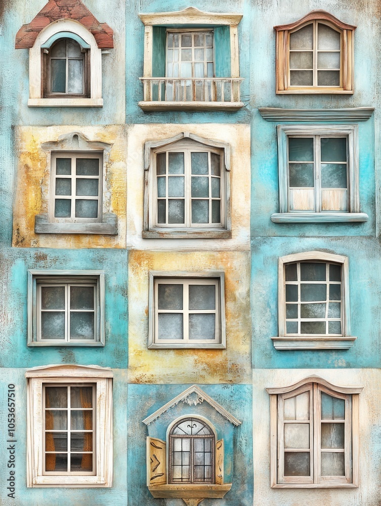 Obraz premium A colorful collage of various window designs on a textured wall.