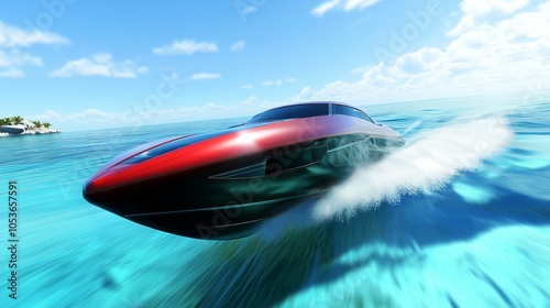 Speedboat on clear ocean, water blurs into waves, dynamic, energy. AI generated