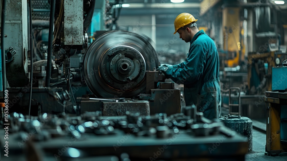 Metalworker with hardhat working on machine. Metalworker with hardhat working on machine.