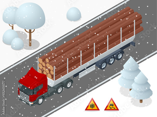 Isometric Truck with trailer loaded with tree trunks. powerful big rig day cab semi-truck is transporting a bundle of logs on a specialized trailer down the road.