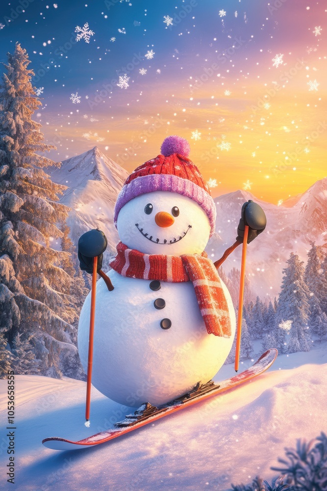 Obraz premium Cute snowman ski in snow field in mountain.