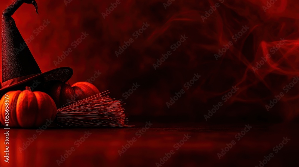Obraz premium A decorative Halloween photo featuring a witch hat, pumpkins, and a broom