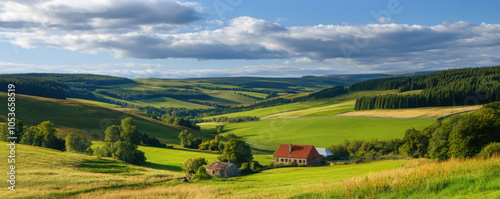 serene countryside landscape featuring rolling green hills, quaint farmhouse, and clear blue sky. peaceful scenery evokes sense of tranquility and connection to nature