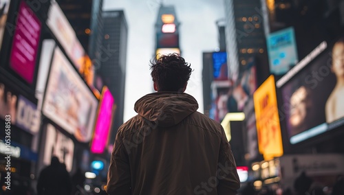 A young man stands in the bustling streets of New York City