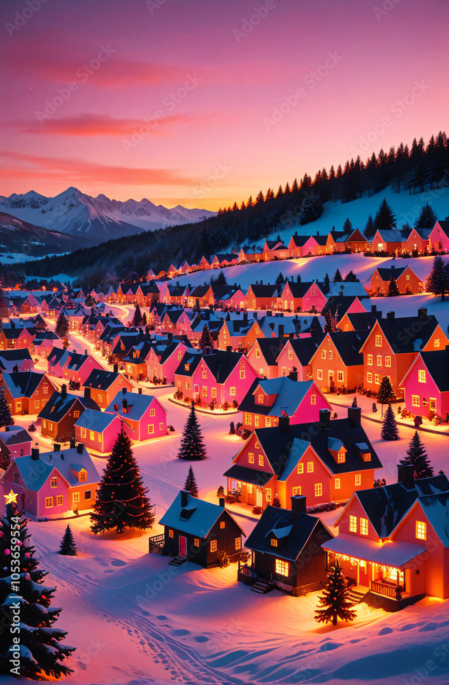 Silhouette of a Christmas Village at Dusk with Warm Sunset Glow Silhouette of a Christmas Village at Dusk with Warm Sunset Glow
