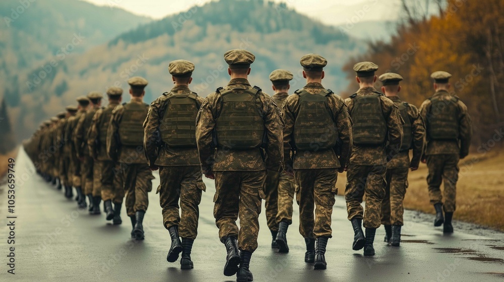 Soldiers with their backs in a row marching
Soldiers with their backs in a row marching