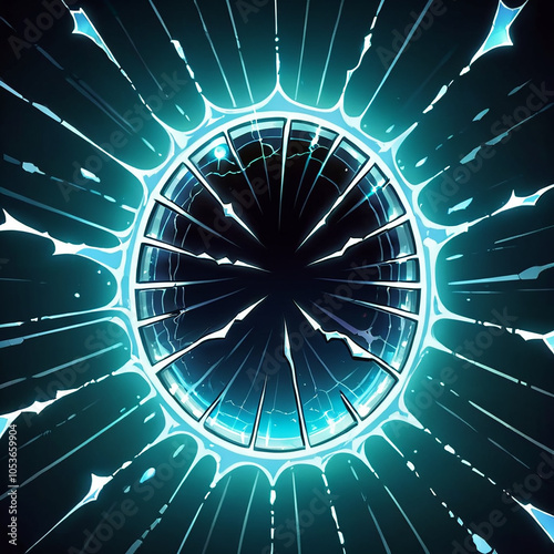 An abstract design with a glowing cyan circle containing cracks and a black center surrounded by thin, black, radial lines.