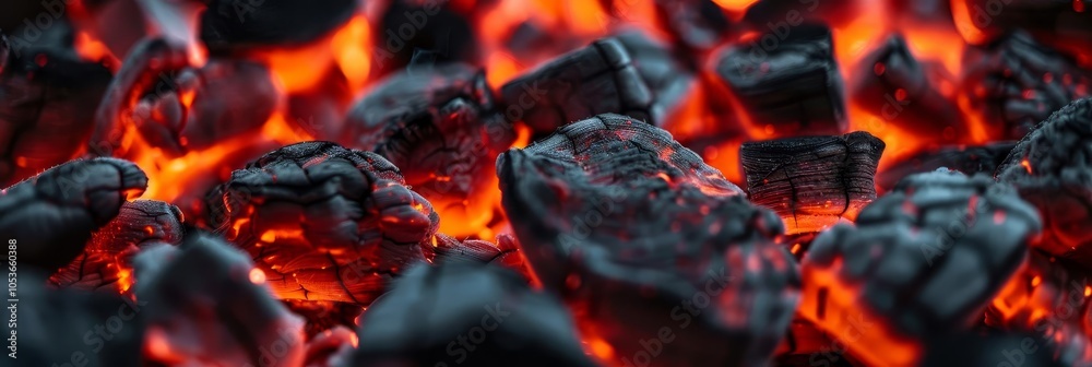 Glowing charcoal embers with intense heat and smoke, perfect for grilling, barbecue, and creating a cozy fireplace ambiance, with copy space Glowing charcoal embers with intense heat and smoke, perfect for grilling, barbecue, and creating a cozy fireplace ambiance, with copy space