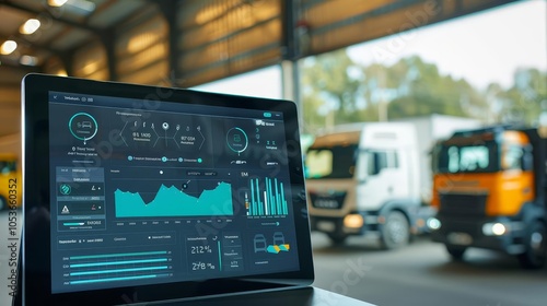 Fleet management tools on a tablet, featuring vehicle tracking, maintenance scheduling, and performance metrics with copy space