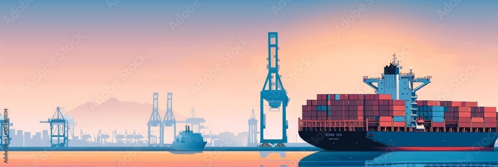 Cargo ship at dock with cranes in the background at sunset. Cargo ship at dock with cranes in the background at sunset.