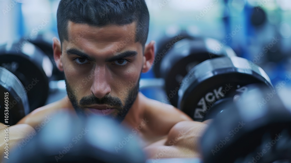 A determined man lifts dumbbells during a workout. A determined man lifts dumbbells during a workout.