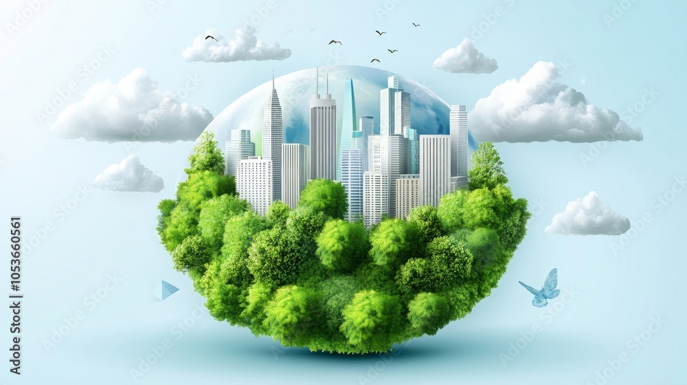 A city skyline encased in lush greenery under a blue sky. A city skyline encased in lush greenery under a blue sky.