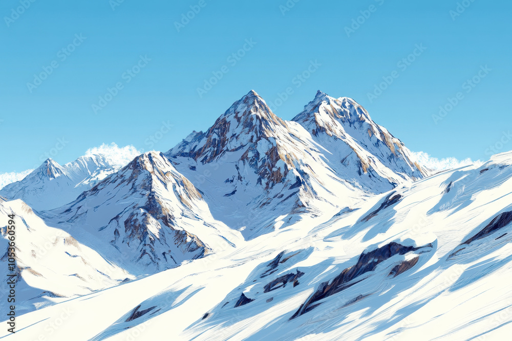 Obraz premium Snow-covered mountains rise majestically against a clear blue sky, showcasing stunning natural beauty and tranquility.