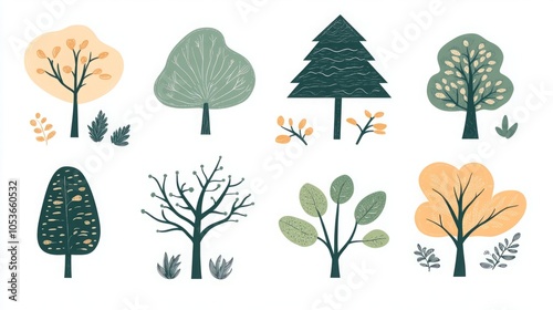 A collection of illustrated trees and plants in various styles.