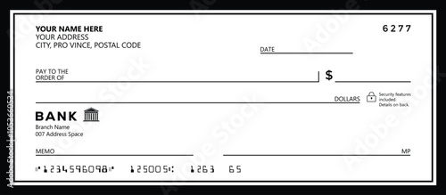 Blank bank cheque template design. Bank check template