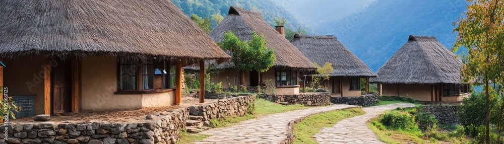 Scenic view of traditional thatched-roof huts along a winding path in a lush landscape. Scenic view of traditional thatched-roof huts along a winding path in a lush landscape.