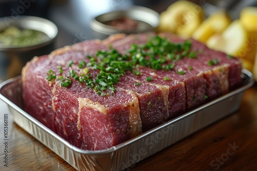 Raw Marinated Meat with Herbs in Aluminum Tray