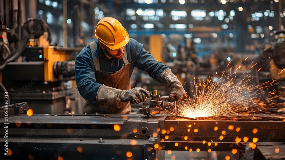 Metalworker with hardhat working on machine. Metalworker with hardhat working on machine.