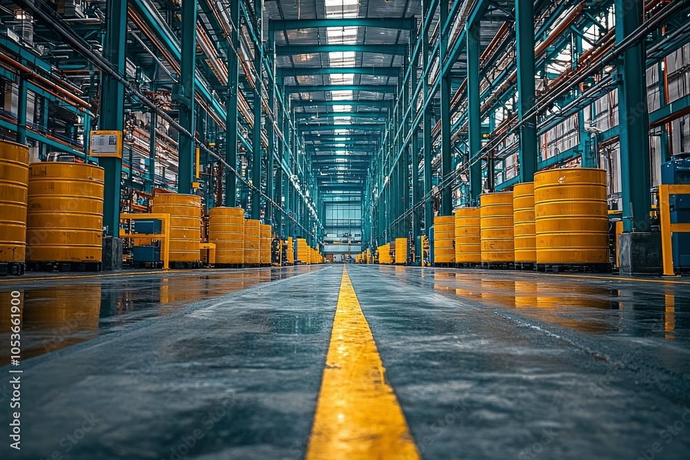 Fototapeta premium Industrial Warehouse with Yellow Barrels and a Center Aisle