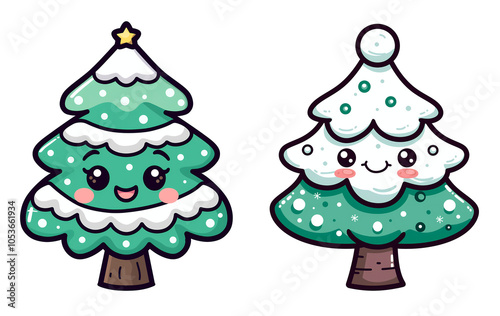 Kawaii illustration of two Christmas trees with smiling faces, decorated in a festive style. Perfect for holiday themes, Christmas cards, or playful seasonal designs. photo