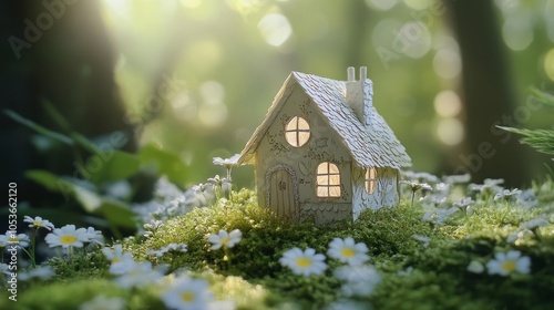 A whimsical miniature house nestled in a flower-filled forest.