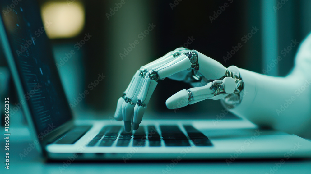 A close-up of a futuristic robotic hand engaging with a laptop keyboard. A close-up of a futuristic robotic hand engaging with a laptop keyboard.