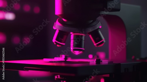 A close-up of a modern microscope illuminated by vibrant pink lighting highlights its intricate design and precision.