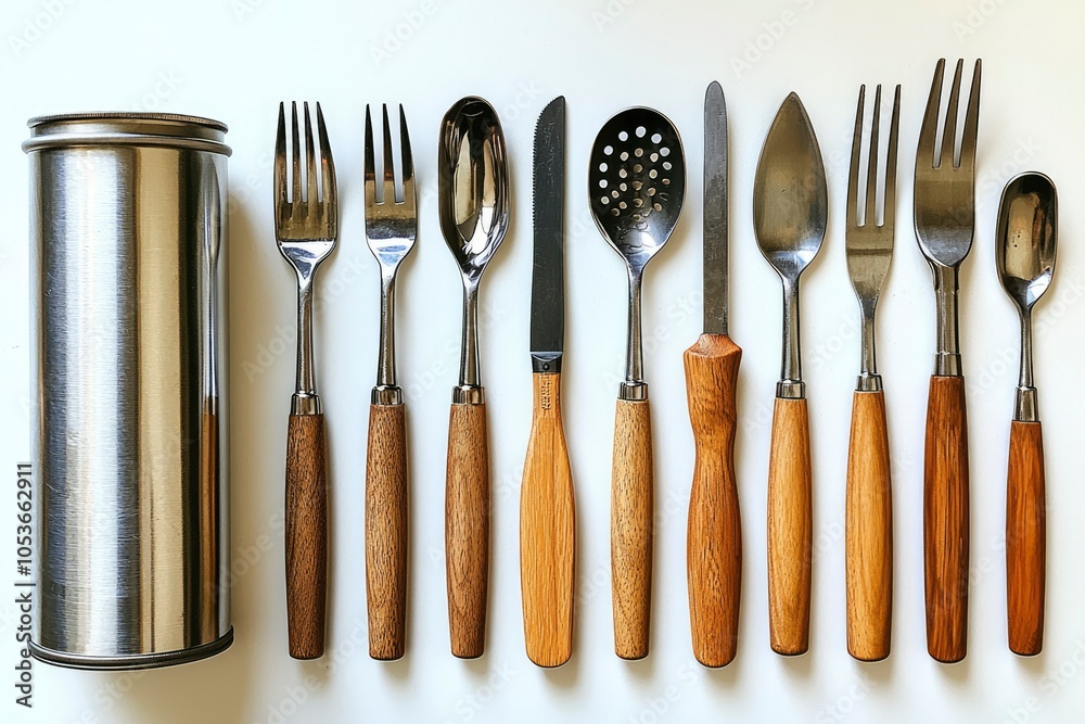Stainless Steel Utensils with Wooden Handles and a Metal Case Stainless Steel Utensils with Wooden Handles and a Metal Case