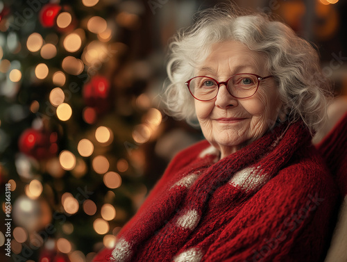 Portret starszej pani z choinką w tle - Boże Narodzenie