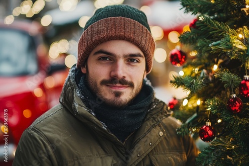 Cozy Christmas Man and Red Car