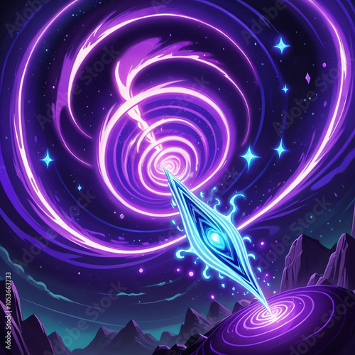 A swirling purple vortex with bright white lines, centered on a celestial eyeshaped object, surrounded by stars and a mountain range. photo