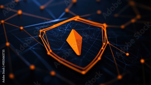 A striking 3D graphic of a shield emblem with a central orange shape, surrounded by blue and orange network connections, highlighting cybersecurity and digital protection themes. photo