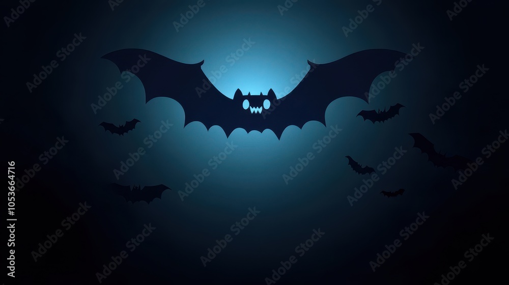 A whimsical graphic design showcases a large cartoon bat with wide eyes and fangs, surrounded by smaller bats on a dark blue gradient background. Perfect for Halloween or playful projects. A whimsical graphic design showcases a large cartoon bat with wide eyes and fangs, surrounded by smaller bats on a dark blue gradient background. Perfect for Halloween or playful projects.
