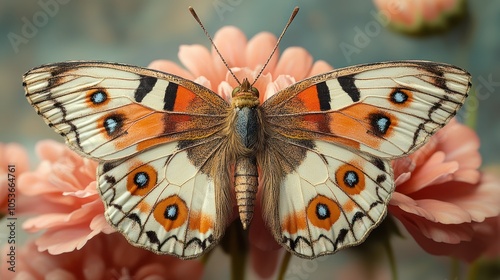 A Detailed Close-Up of a Butterfly with Orange and White Wings on Pink Flowers