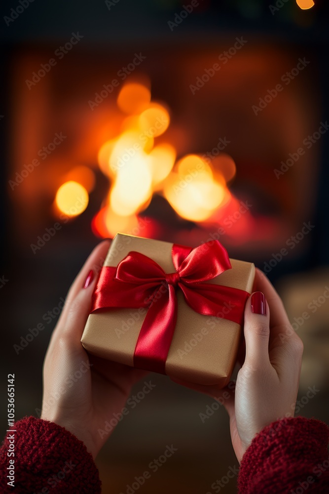female hands holding a gift on the background of a New Year's living room with a fireplace and a Christmas tree, the concept of New Year's gifts female hands holding a gift on the background of a New Year's living room with a fireplace and a Christmas tree, the concept of New Year's gifts