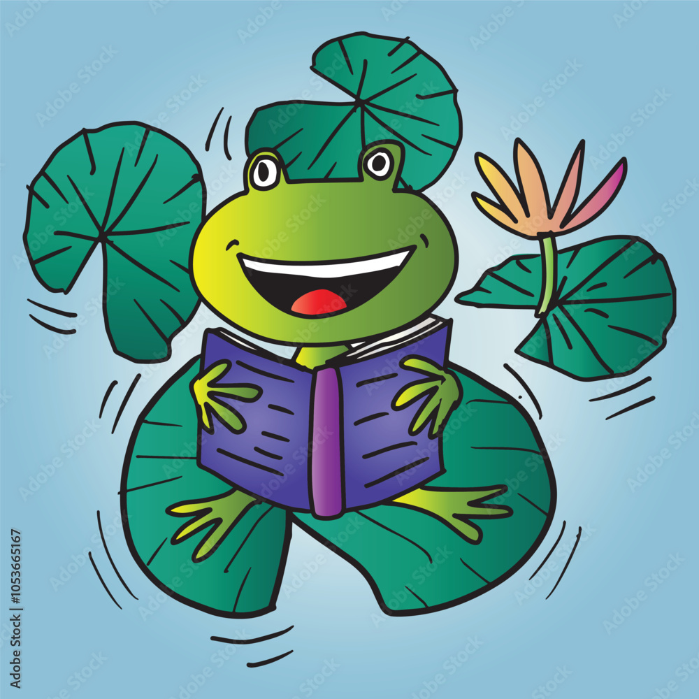 Fototapeta premium Frog reading a book on a lotus leaf. Vector illustration.