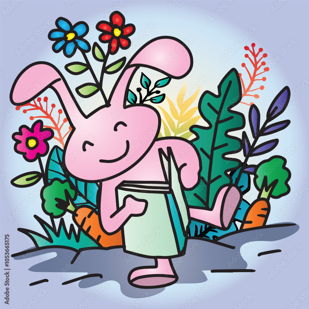 Easter bunny reading a book in the garden with flowers. Vector cartoon illustration. Easter bunny reading a book in the garden with flowers. Vector cartoon illustration.