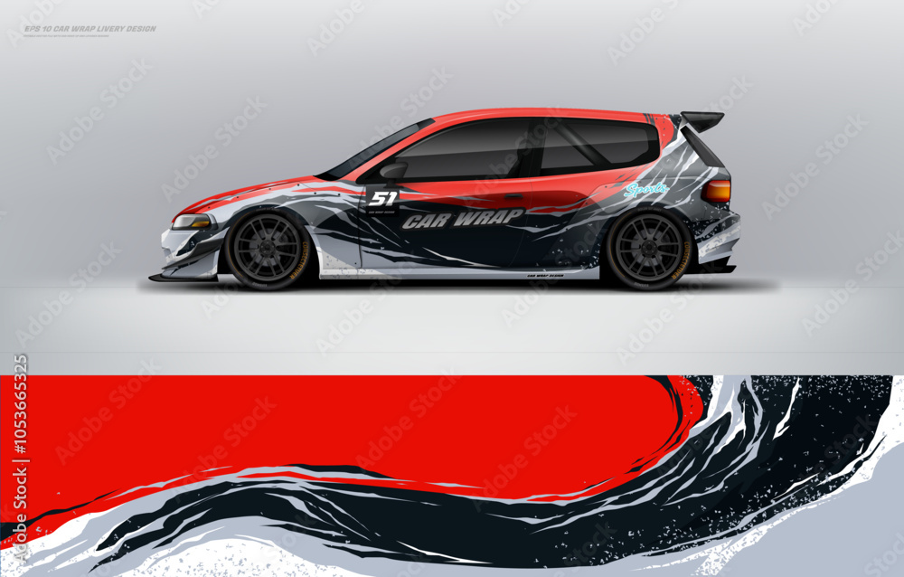 Naklejka premium Car wrap livery design Hatchback sporty racing style red color combination, printable file decal and vinyl. ready print vector eps 10
