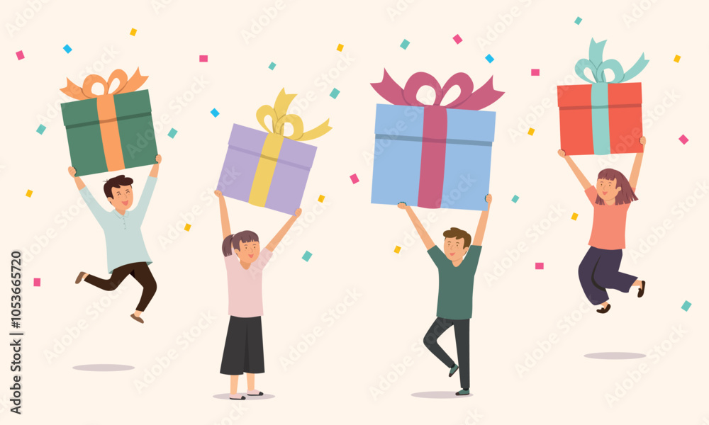 Cartoon character holding big birthday gift in festive packaging. Group of people carrying present box overhead. Cartoon character holding big birthday gift in festive packaging. Group of people carrying present box overhead.