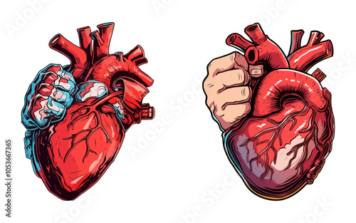 Vector illustration of a realistic human heart held tightly in a hand, symbolizing emotions, strength, and anatomy. Generative AI.